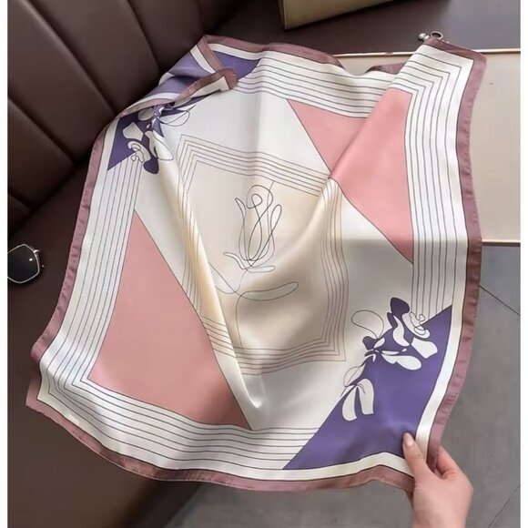 ✨Elegant Silky Square Scarf Floral Line Art White Purple Shawl Headband Bandana✨ - Picture 5 of 6